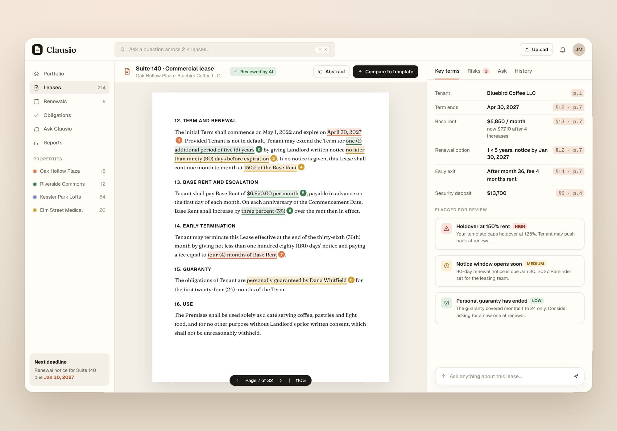 Clausio, Lease review with highlighted clauses