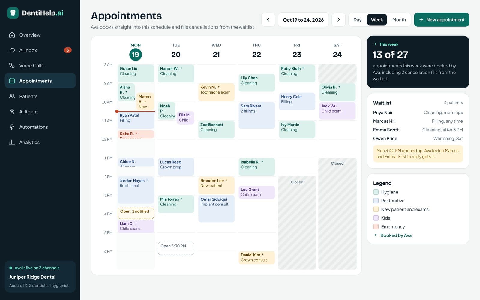 DentiHelp.ai, Weekly appointment calendar with waitlist