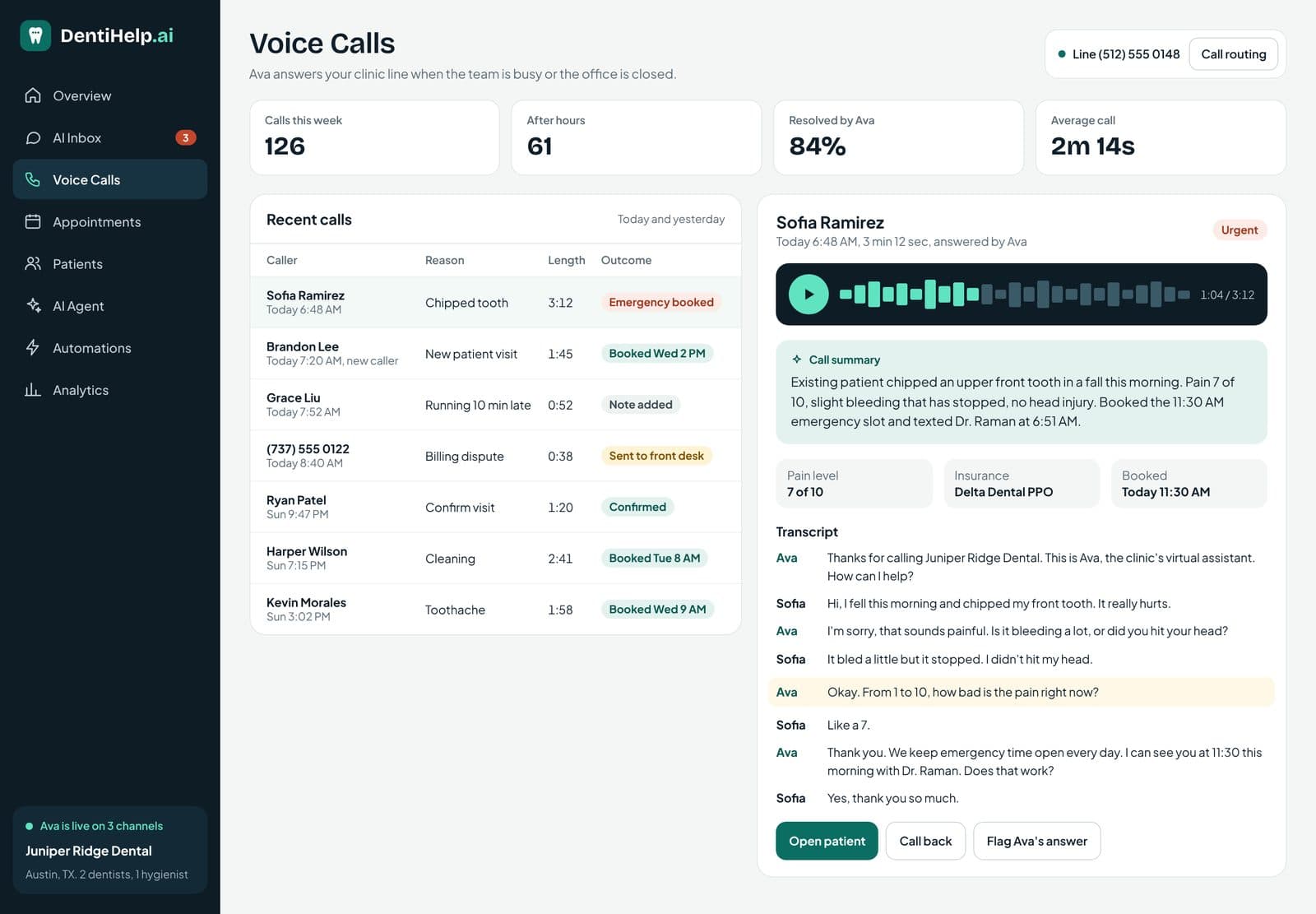 DentiHelp.ai, Voice call log with summary and transcript