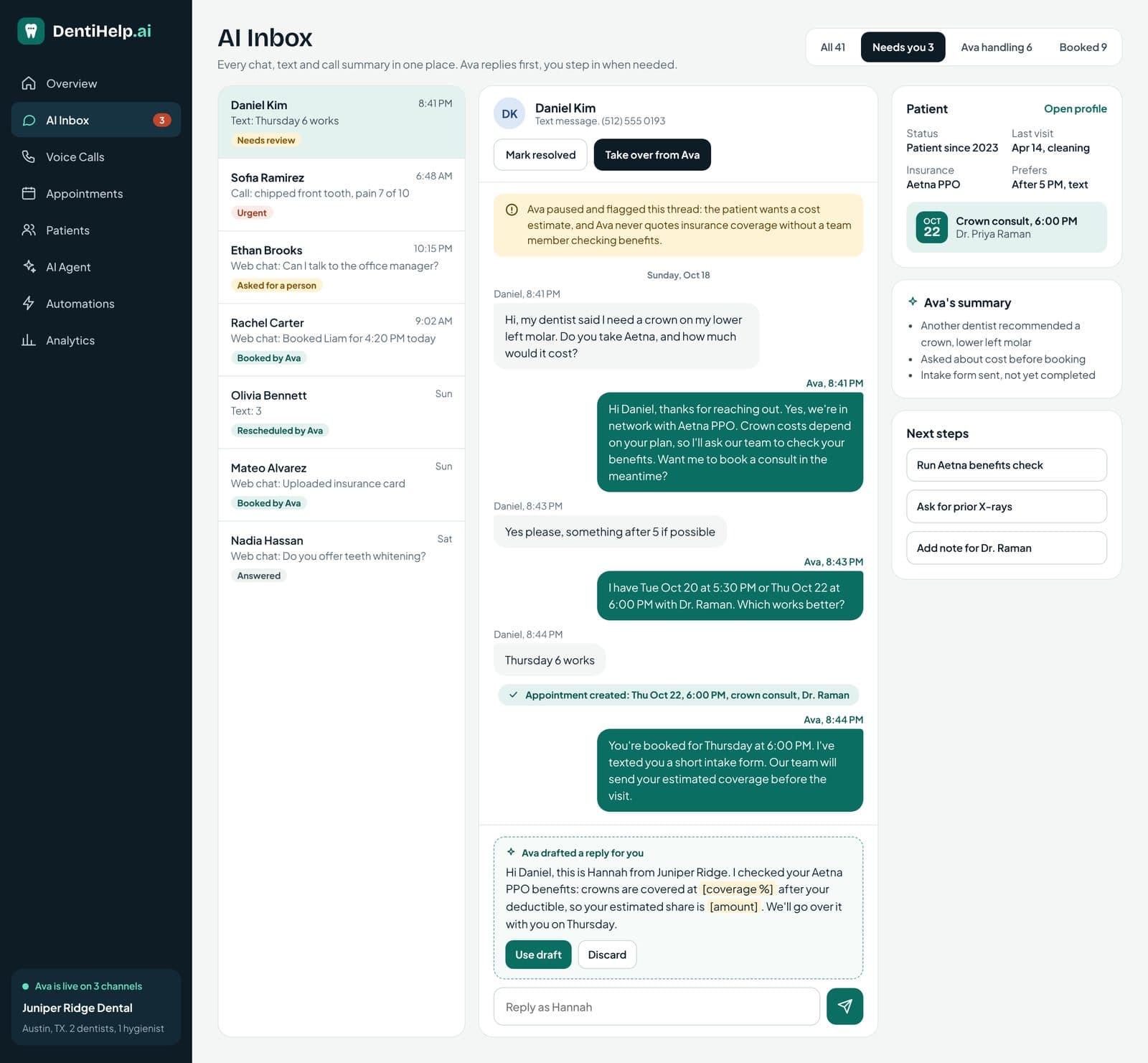 DentiHelp.ai, AI inbox where staff send a reply drafted by the AI agent