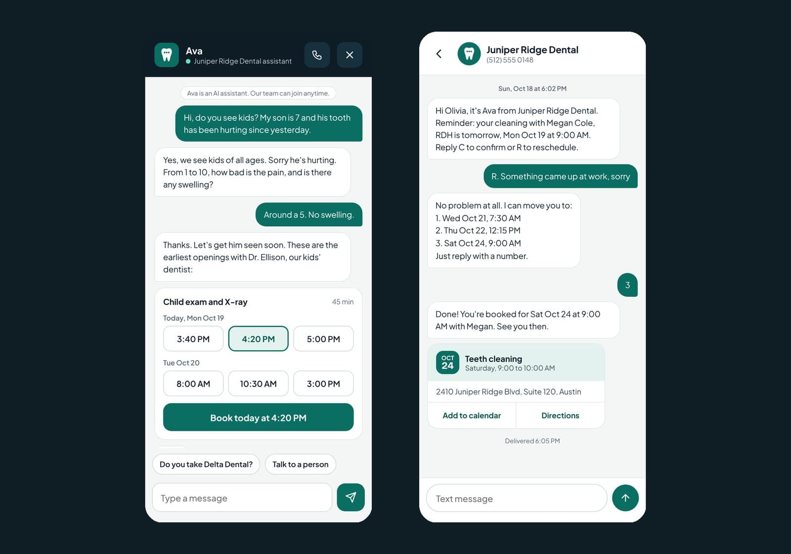 DentiHelp.ai, Patient booking by chat and rescheduling by text on a phone