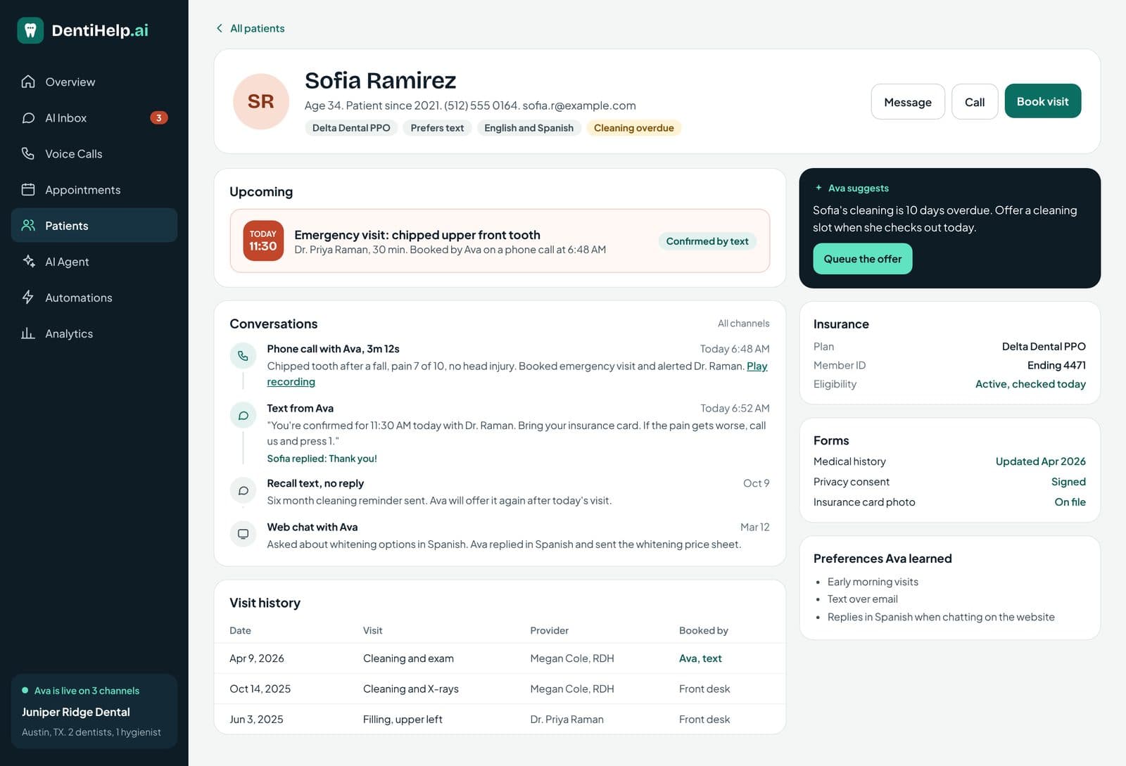 DentiHelp.ai, Patient profile with conversations across chat, text and calls