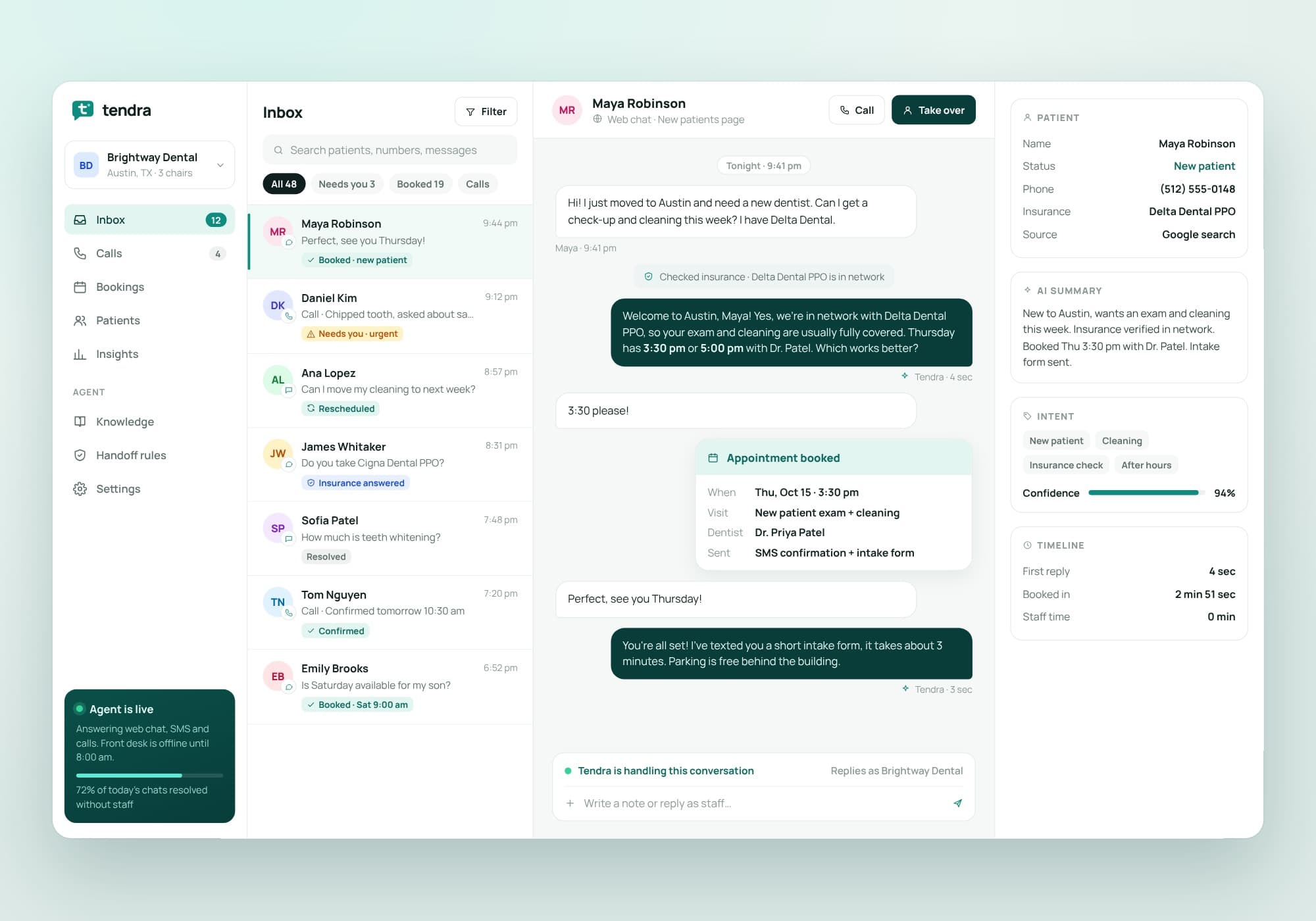 Tendra, Staff inbox with a live AI conversation