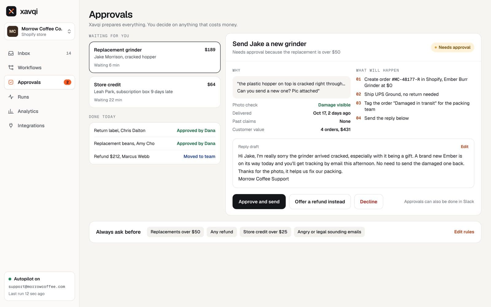 Xavqi, Approval for a replacement order