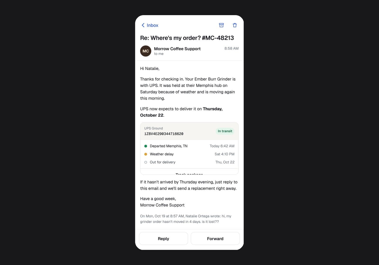 Xavqi, Customer reply email with UPS tracking on mobile